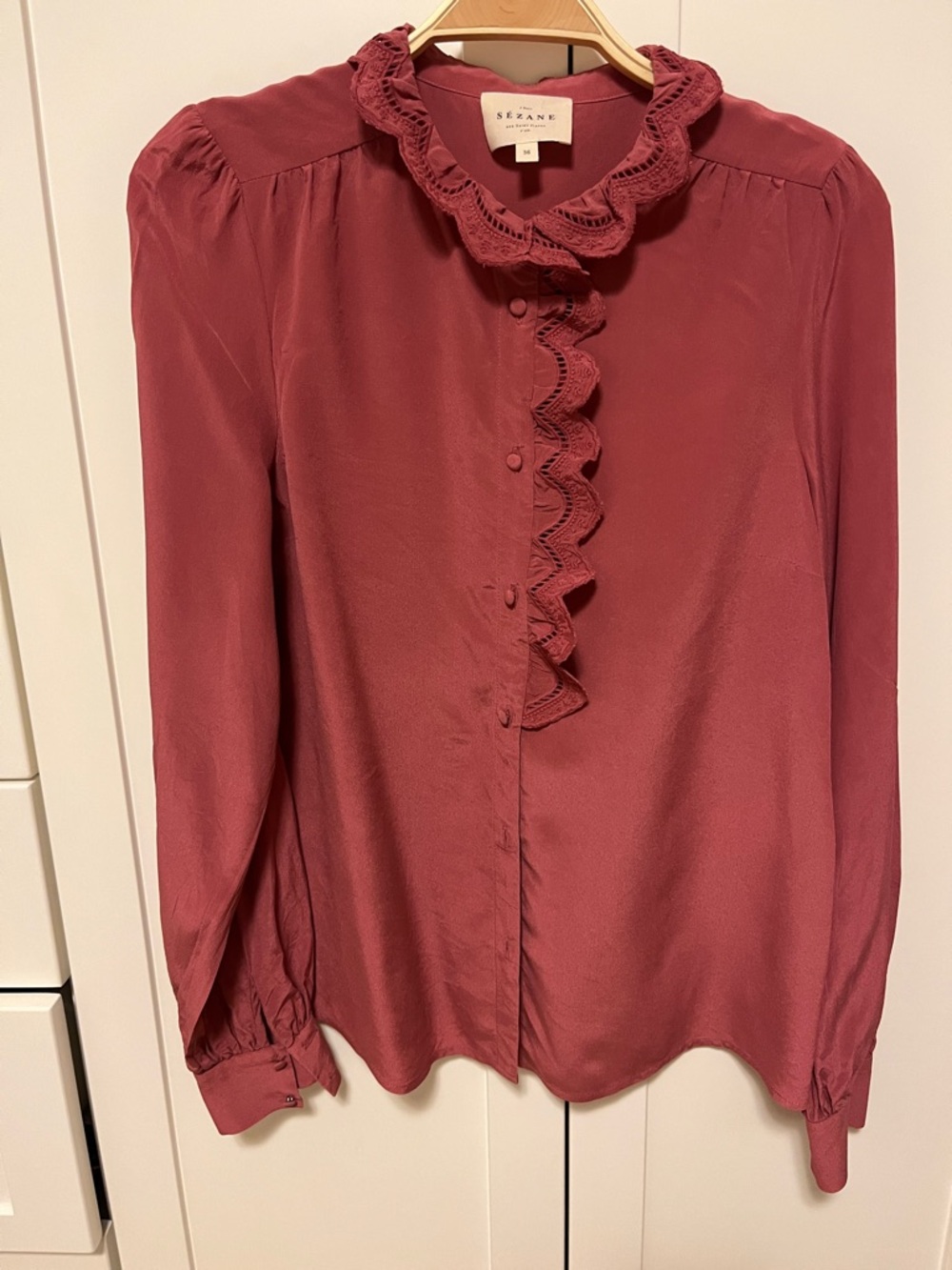 Sezane Ruffled Front Button-Up Blouse in Rosewood - Picture 6 of 7